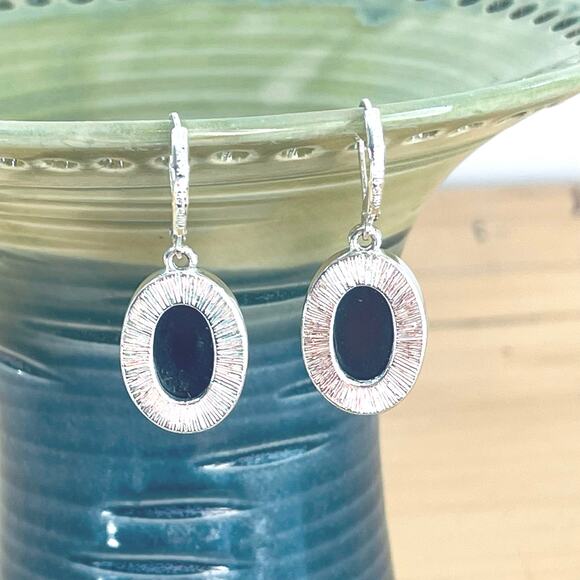 Vtg Joan Rivers Earrings Black Druzy Quartz Classics Collection SIlver Tone Oval - Picture 4 of 6